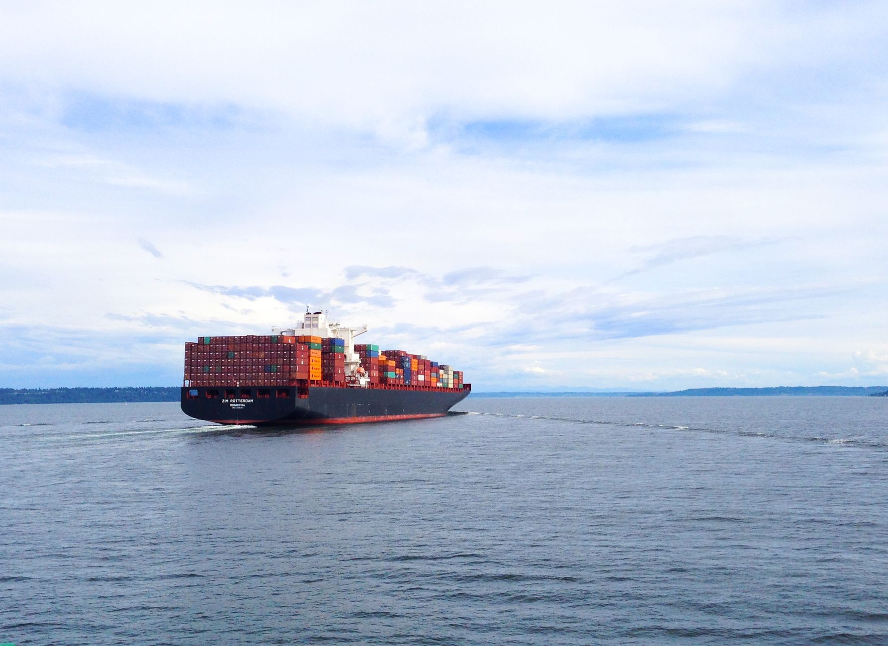 view of a loaded cargo ship