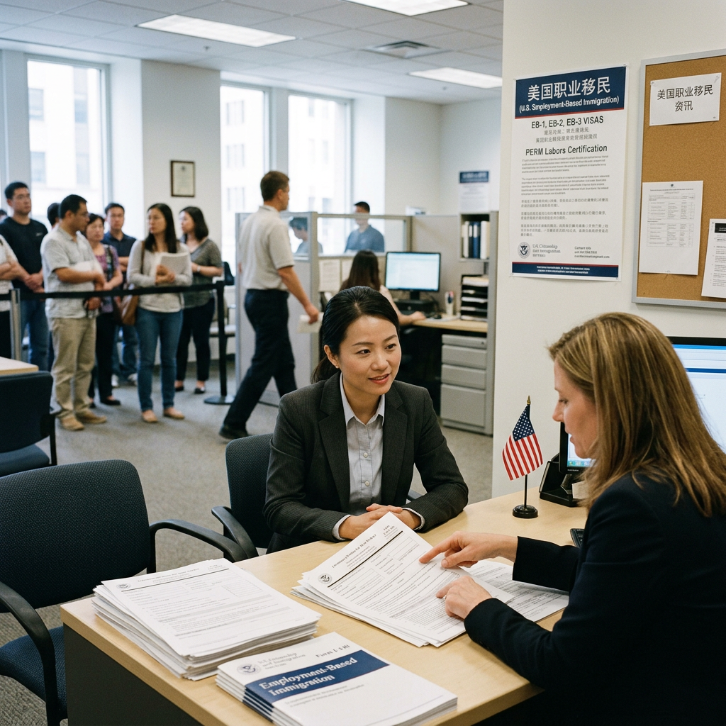 Immigration office consultation with signs reading U.S. Employment-Based Immigration and PERM Labor Certification
