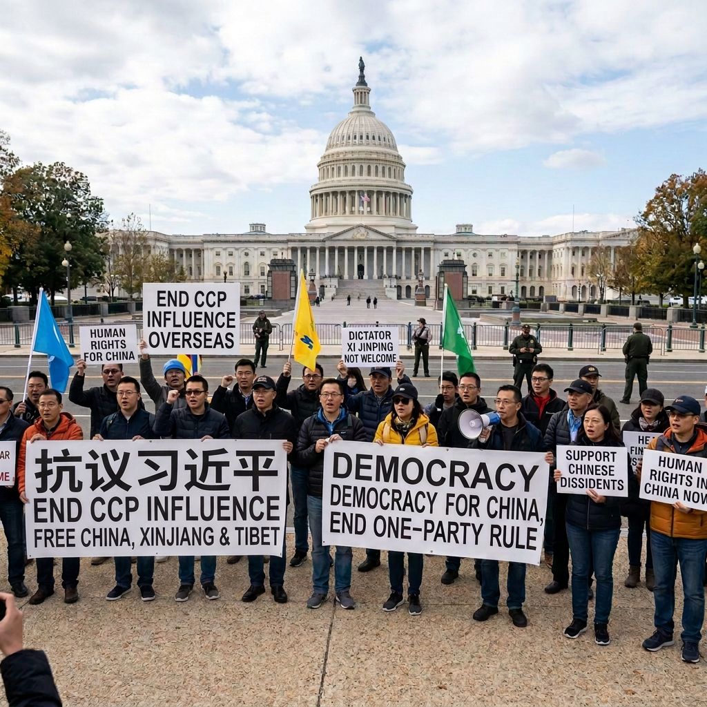 Protesters outside the U.S. Capitol hold signs reading “FREE CHINA, XINJIANG & TIBET,” “DEMOCRACY FOR CHINA, END ONE-PARTY RULE,” “DICTATOR XI JINPING NOT WELCOME,” “SUPPORT CHINESE DISSIDENTS,” and “HUMAN RIGHTS CHINA NOW.”
